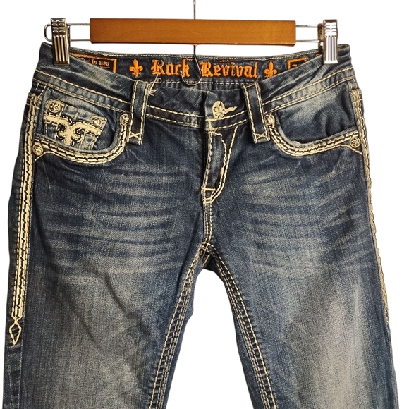 Rock Revival Women's Blue Embroidered Crop Jeans Size 26 - Picture 3 of 11